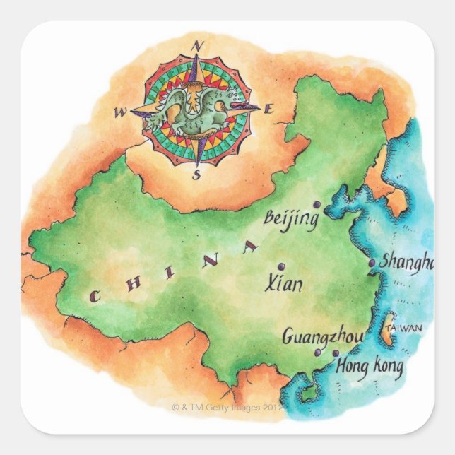Pegatina Cuadrada Mapa de China (Anverso)