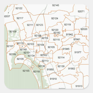 Pegatina Cuadrada Mapa de código postal de San Diego