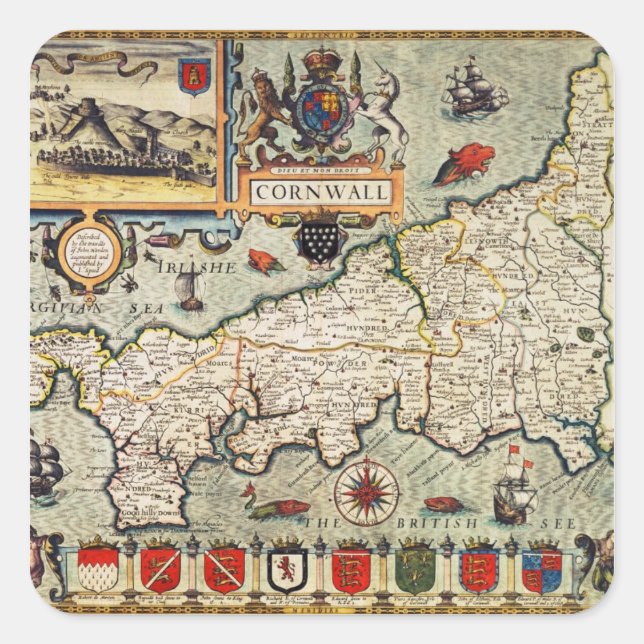 Pegatina Cuadrada Mapa de Cornwall (Anverso)