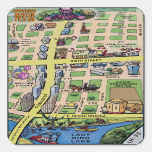 Pegatina Cuadrada Mapa de dibujos animados del centro de Austin Texa