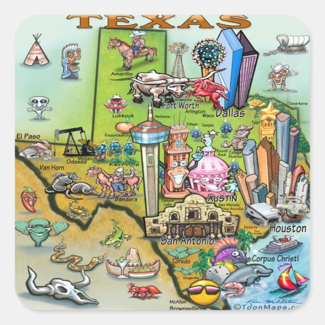 Pegatina Cuadrada Mapa de diversiones de Texas (Anverso)