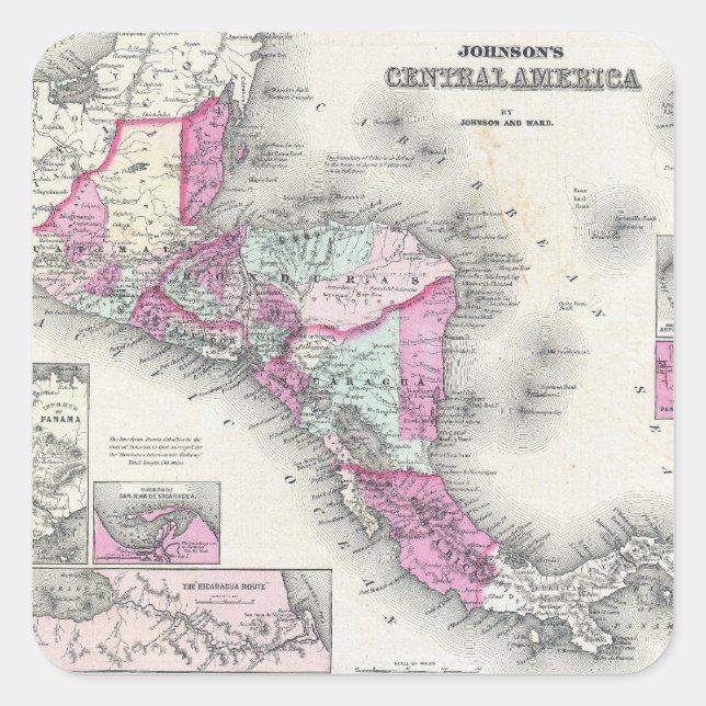 Pegatina Cuadrada Mapa de época de América Central (1864) (Anverso)