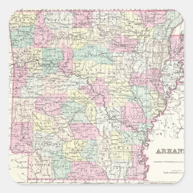 Pegatina Cuadrada Mapa de época de Arkansas (1855) (Anverso)