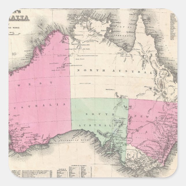 Pegatina Cuadrada Mapa de época de Australia (1862) (Anverso)