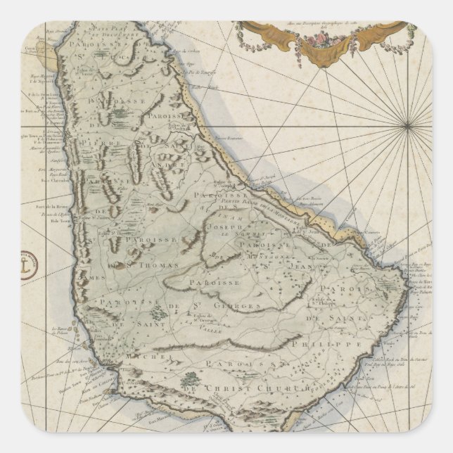 Pegatina Cuadrada Mapa de época de Barbados (1758) (Anverso)
