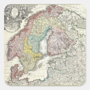 Pegatina Cuadrada Mapa de época de Escandinavia (1730)