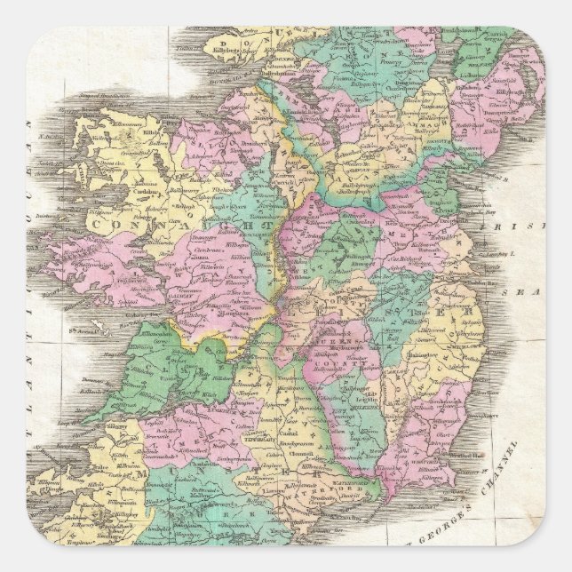Pegatina Cuadrada Mapa de época de Irlanda (1827) (Anverso)