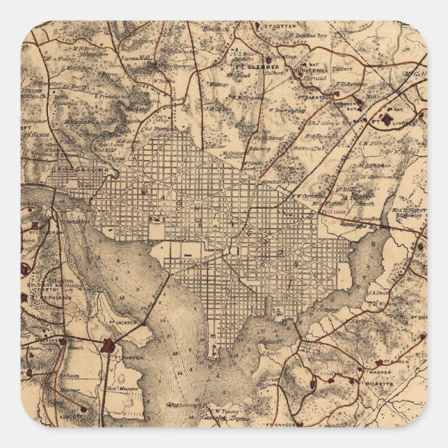 Pegatina Cuadrada Mapa de época de la zona de Washington DC (1865) (Anverso)