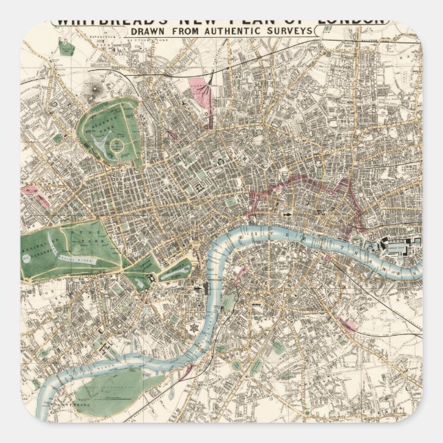 Pegatina Cuadrada Mapa de época de Londres Inglaterra (1853) (Anverso)