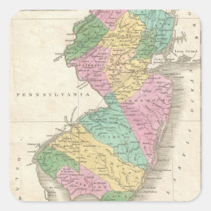 Pegatina Cuadrada Mapa de época de Nueva Jersey (1827)
