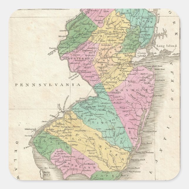 Pegatina Cuadrada Mapa de época de Nueva Jersey (1827) (Anverso)