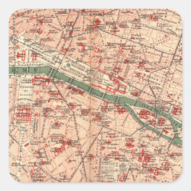 Pegatina Cuadrada Mapa de época de París Francia (1910) (Anverso)