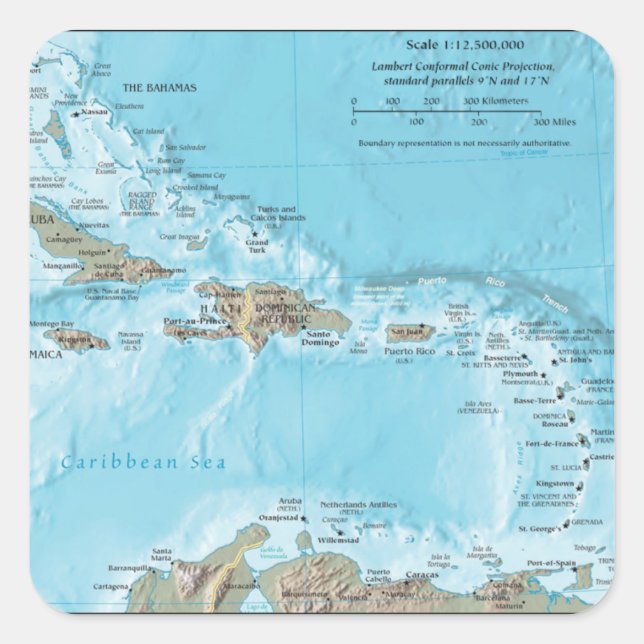Pegatina Cuadrada Mapa de época del Caribe - EE.UU. (Anverso)