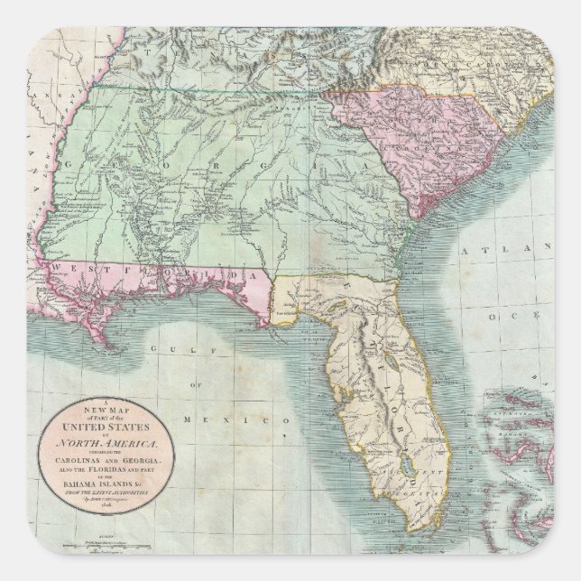 Pegatina Cuadrada Mapa de época del sureste de Estados Unidos (1806) (Anverso)
