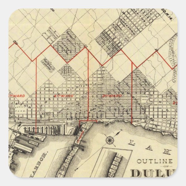 Pegatina Cuadrada Mapa de esquema de Duluth y los suburbios (Anverso)