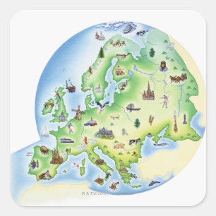 Pegatina Cuadrada Mapa de Europa con los ilustraciones de famoso