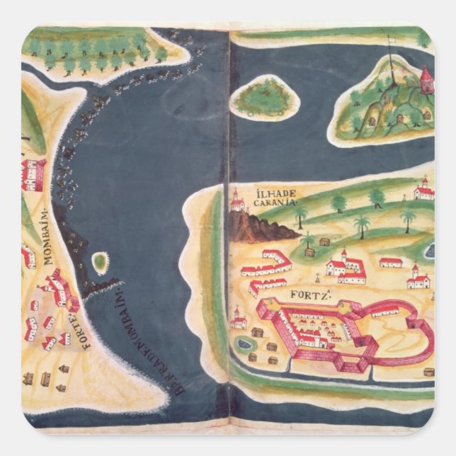 Pegatina Cuadrada Mapa de exploración portuguesa de Mombassa (Anverso)