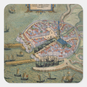 Pegatina Cuadrada Mapa de Flissinga, de 'Civitates Orbis Terrarum
