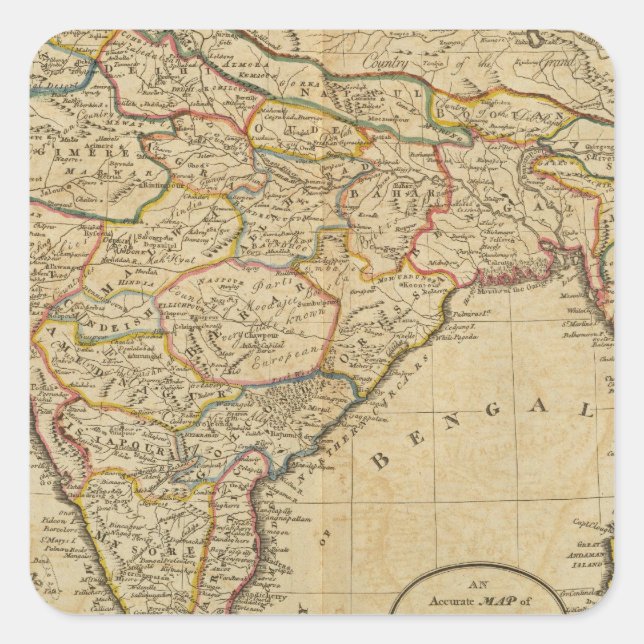 Pegatina Cuadrada Mapa de Hindostán o India (Anverso)