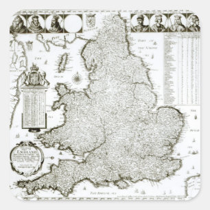 Pegatina Cuadrada Mapa de Inglaterra y Gales, 1644