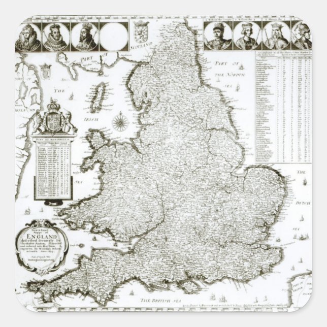 Pegatina Cuadrada Mapa de Inglaterra y Gales, 1644 (Anverso)
