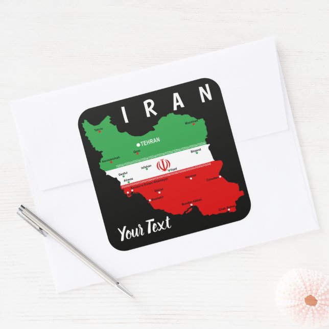 Pegatina Cuadrada Mapa de Irán con bandera y emblema (Sobre)