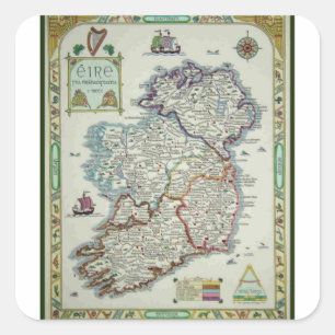 Pegatina Cuadrada Mapa de Irlanda - mapa histórico de Eire Erin del