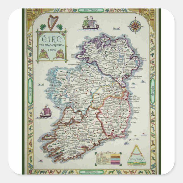 Pegatina Cuadrada Mapa de Irlanda - Mapa histórico irlandés Eire Eri (Anverso)