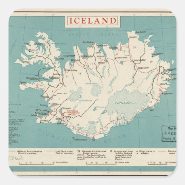 Pegatina Cuadrada Mapa de Islandia (circa 1959) (Anverso)