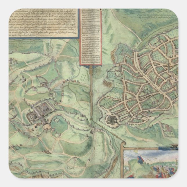 Pegatina Cuadrada Mapa de Jerusalén, de 'Civitates Orbis Terrarum' (Anverso)
