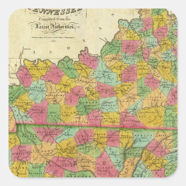 Pegatina Cuadrada Mapa de Kentucky y Tennessee (Anverso)