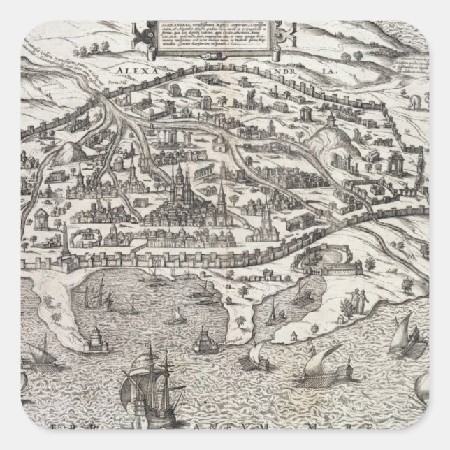 Pegatina Cuadrada Mapa de la ciudad de Alejandría en Egipto, c.1625  (Anverso)