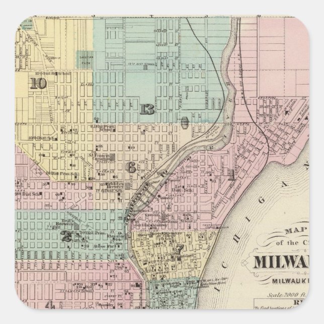 Pegatina Cuadrada Mapa de la ciudad de Milwaukee, Milwaukee Co. (Anverso)