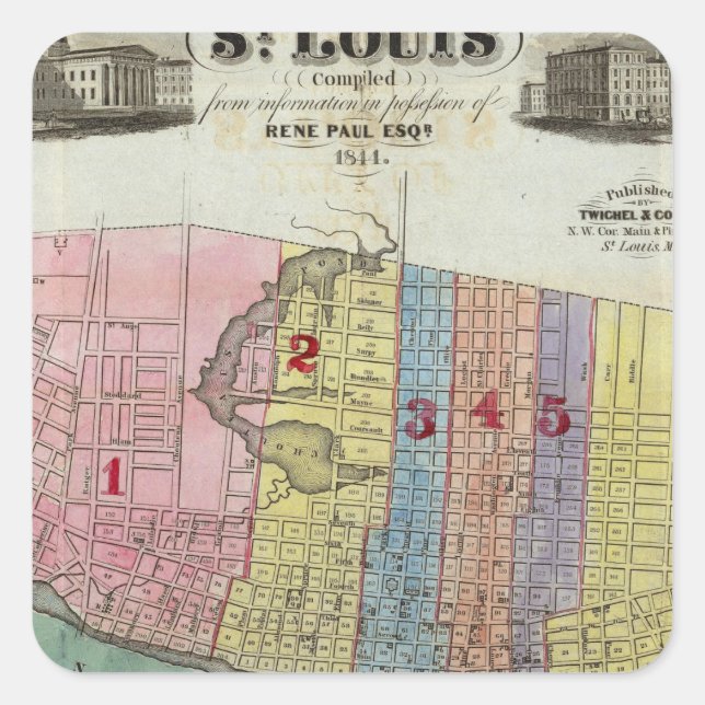 Pegatina Cuadrada Mapa de la ciudad de St. Louis (Anverso)