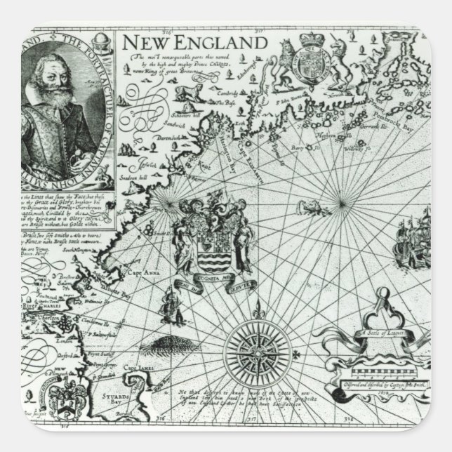 Pegatina Cuadrada Mapa de la costa de Nueva Inglaterra (Anverso)
