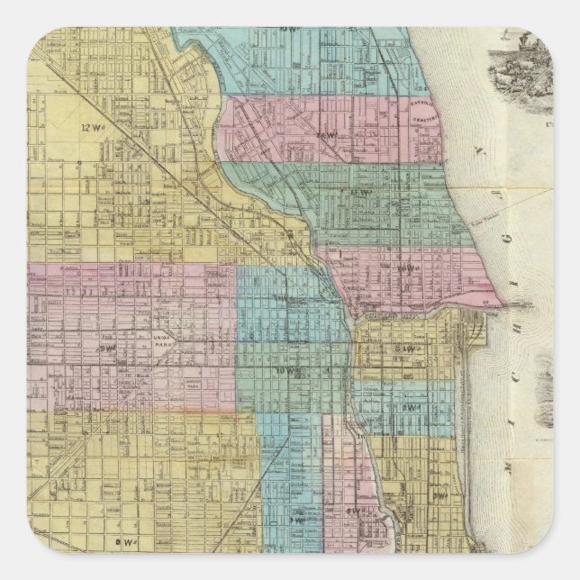 Pegatina Cuadrada Mapa de la guía de Chicago (Anverso)