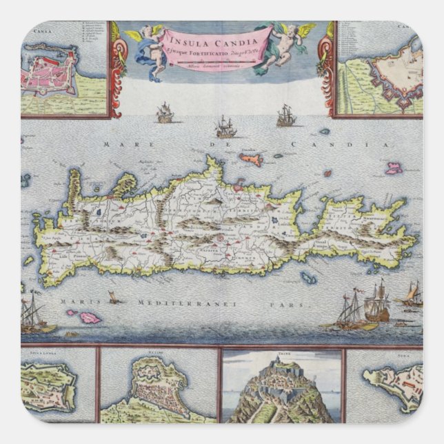 Pegatina Cuadrada Mapa de la isla de Candia (Anverso)
