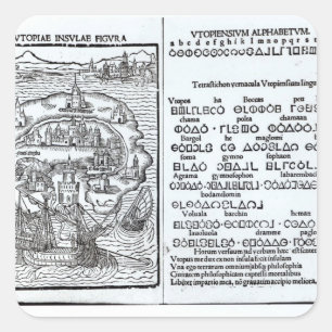 Pegatina Cuadrada Mapa de la Isla de la Utopía y su Alfabeto