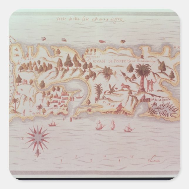 Pegatina Cuadrada Mapa de la isla de Puerto Rico, 1599 (Anverso)