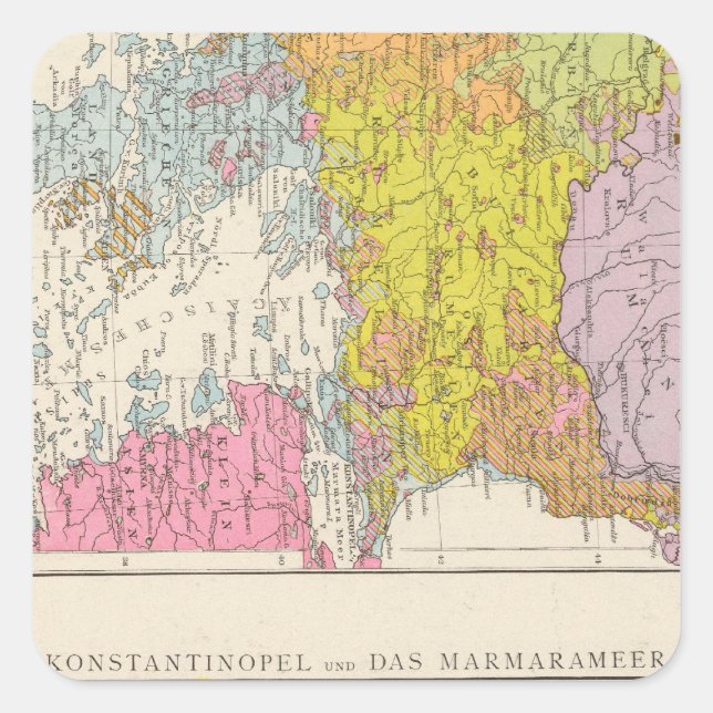 Pegatina Cuadrada Mapa de la Península Balcánica y Constantinopla (Anverso)