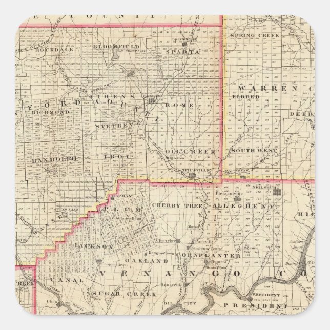 Pegatina Cuadrada Mapa de la región petrolera de Pensilvania (Anverso)