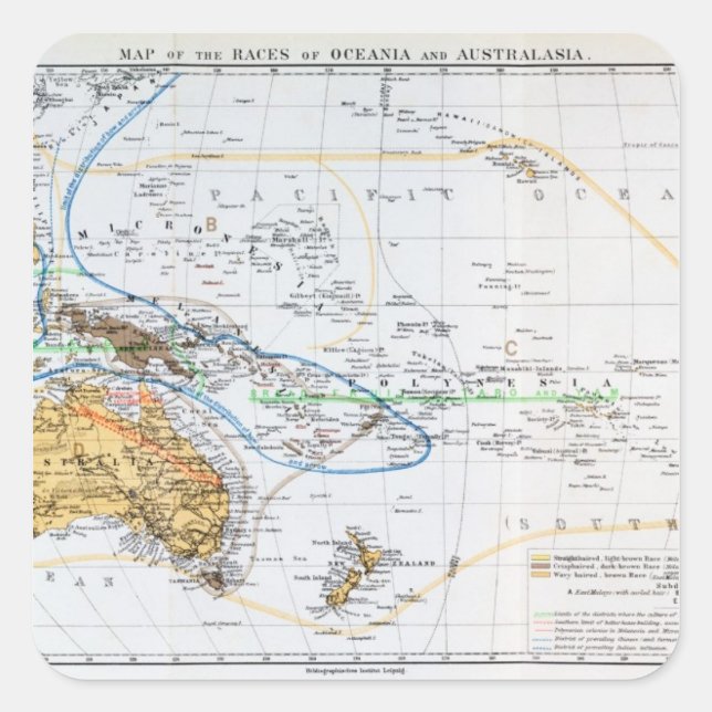 Pegatina Cuadrada Mapa de las razas de Oceanía y Australasia (Anverso)
