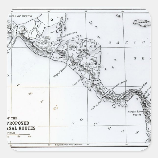 Pegatina Cuadrada Mapa de las rutas del canal de Isthmian (Anverso)