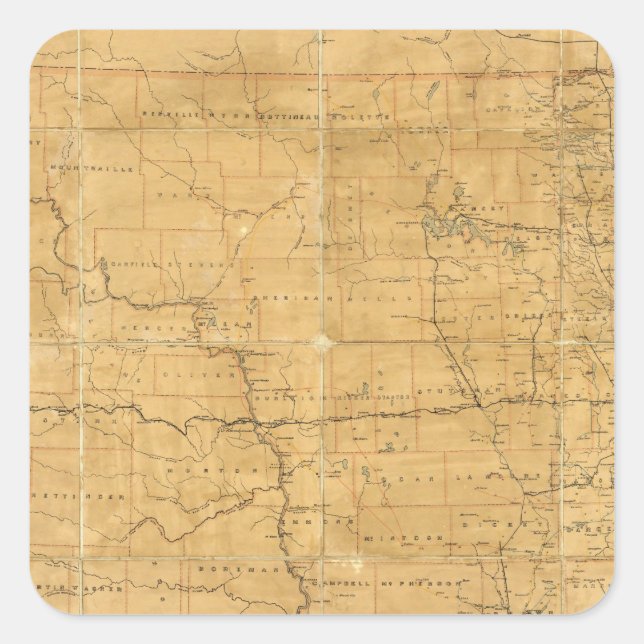 Pegatina Cuadrada Mapa de las rutas postales del Territorio de Dakot (Anverso)