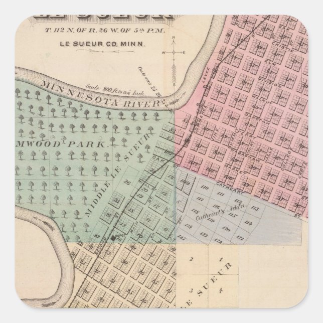 Pegatina Cuadrada Mapa de Le Sueur, Mapa de Cleveland, Minnesota (Anverso)