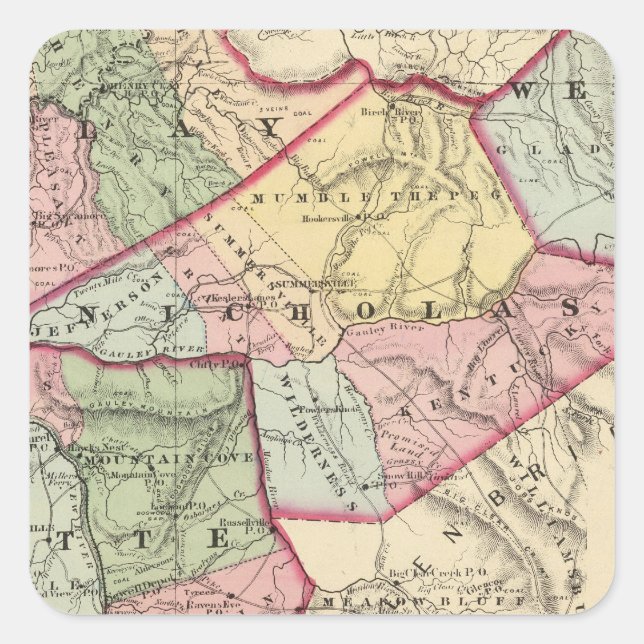 Pegatina Cuadrada Mapa de los condados de Clay, Webster, Nicholas, F (Anverso)