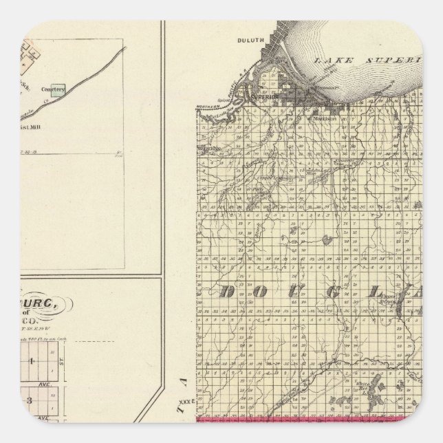 Pegatina Cuadrada Mapa de los condados de Douglas y Burnett (Anverso)