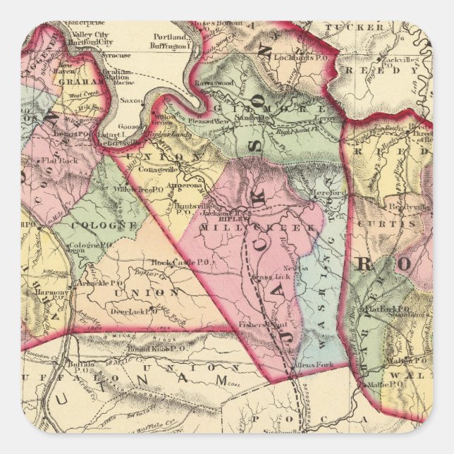 Pegatina Cuadrada Mapa de los condados de Mason, Jackson, Roane (Anverso)