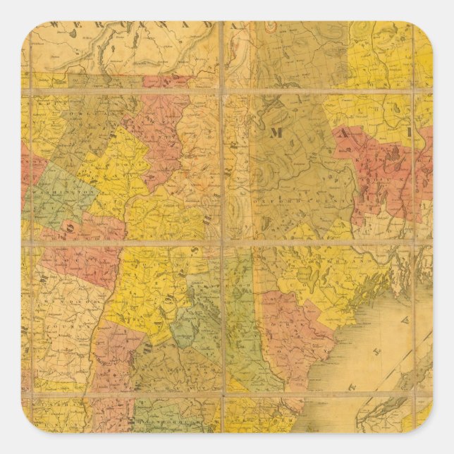 Pegatina Cuadrada Mapa de los Estados de Nueva Inglaterra (Anverso)