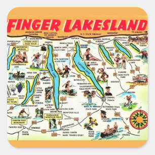 Pegatina Cuadrada Mapa de los Finger Lakes de Nueva York